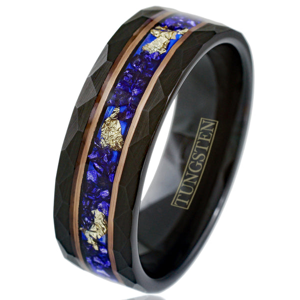 Spectacular Faceted Brushed Finish Black Tungsten Flat Band Ring with Gold Leaf and Crushed Faux Blue Sapphire Inlay between Rose Gold Stripes.