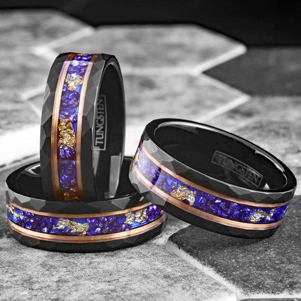Spectacular Faceted Brushed Finish Black Tungsten Flat Band Ring with Gold Leaf and Crushed Faux Blue Sapphire Inlay between Rose Gold Stripes.