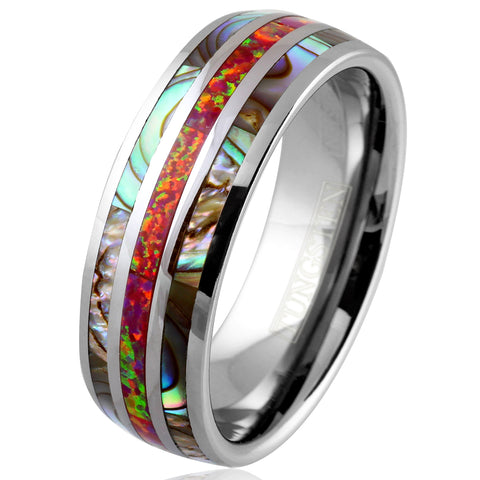 Dazzling Mirror Polished Silver Tungsten Low Dome Band Ring w/ Sparkling Man-Made Pink/Red Fire Opal Between 2 Abalone Inlays.