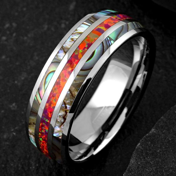 Dazzling Mirror Polished Silver Tungsten Low Dome Band Ring w/ Sparkling Man-Made Pink/Red Fire Opal Between 2 Abalone Inlays.