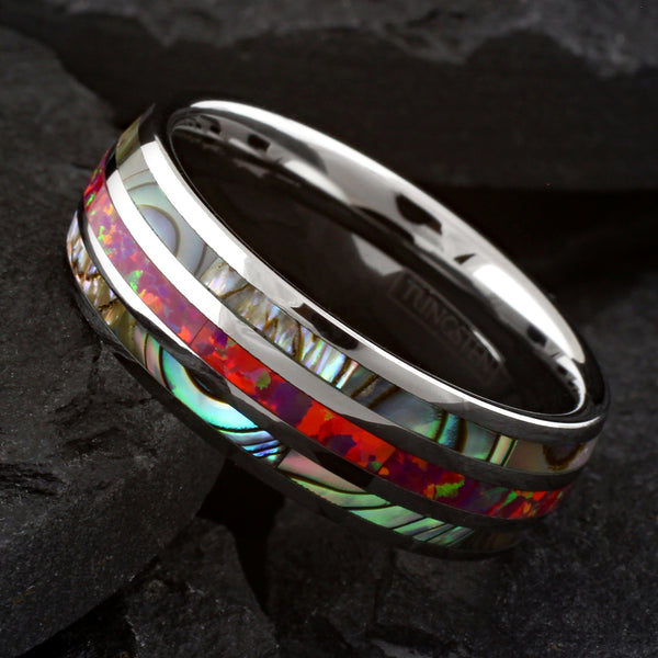 Dazzling Mirror Polished Silver Tungsten Low Dome Band Ring w/ Sparkling Man-Made Pink/Red Fire Opal Between 2 Abalone Inlays.