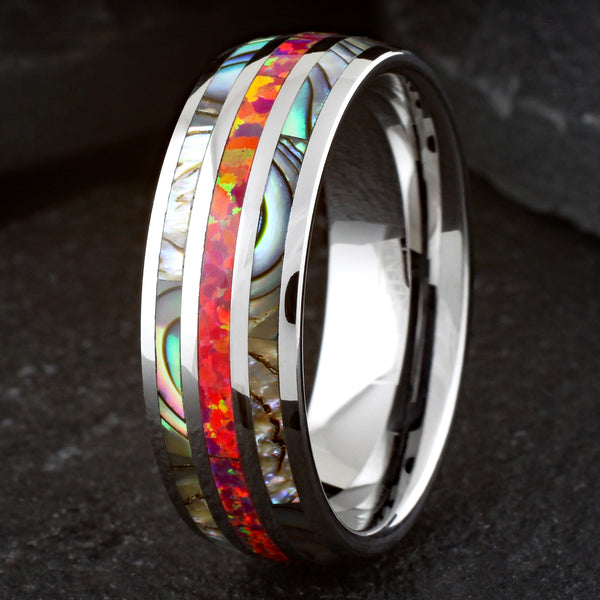 Dazzling Mirror Polished Silver Tungsten Low Dome Band Ring w/ Sparkling Man-Made Pink/Red Fire Opal Between 2 Abalone Inlays.
