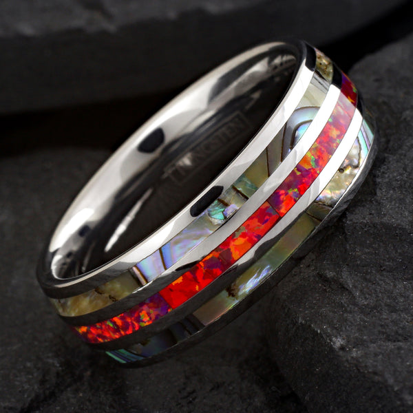 Dazzling Mirror Polished Silver Tungsten Low Dome Band Ring w/ Sparkling Man-Made Pink/Red Fire Opal Between 2 Abalone Inlays.