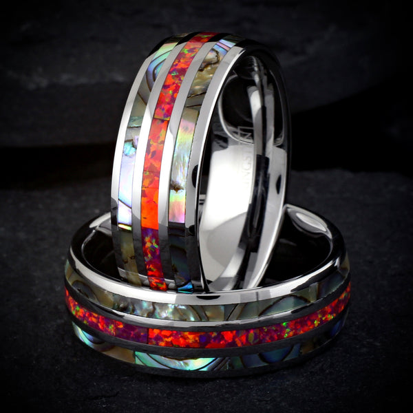 Dazzling Mirror Polished Silver Tungsten Low Dome Band Ring w/ Sparkling Man-Made Pink/Red Fire Opal Between 2 Abalone Inlays.