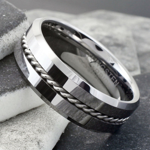 Brilliant Mirror Polished Tungsten Band Ring with Silver Rope Inlay and Beveled Edges.