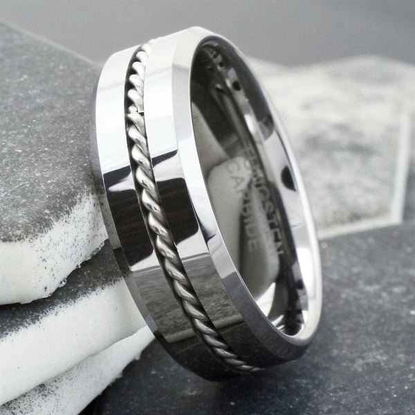 Brilliant Mirror Polished Tungsten Band Ring with Silver Rope Inlay and Beveled Edges.