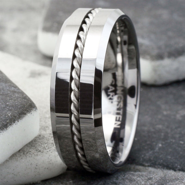 Brilliant Mirror Polished Tungsten Band Ring with Silver Rope Inlay and Beveled Edges.