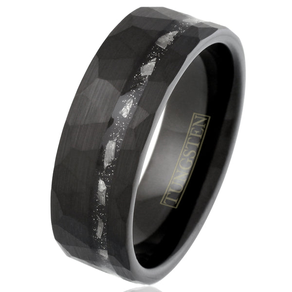 Awesome Multi-Faceted Brushed Finish Black Flat Band Tungsten Ring with Off-Center Asymmetrical Silver/Black Faux Meteorite Inlay.