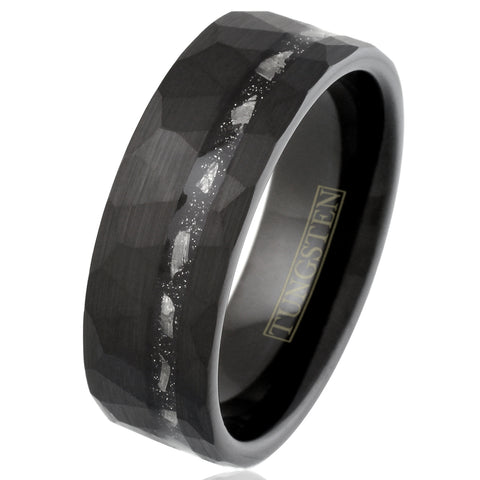 Awesome Multi-Faceted Brushed Finish Black Flat Band Tungsten Ring with Off-Center Asymmetrical Silver/Black Faux Meteorite Inlay.