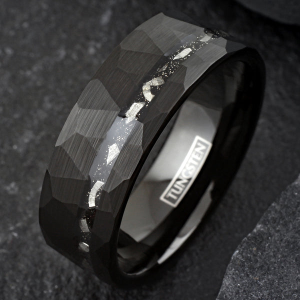 Awesome Multi-Faceted Brushed Finish Black Flat Band Tungsten Ring with Off-Center Asymmetrical Silver/Black Faux Meteorite Inlay.