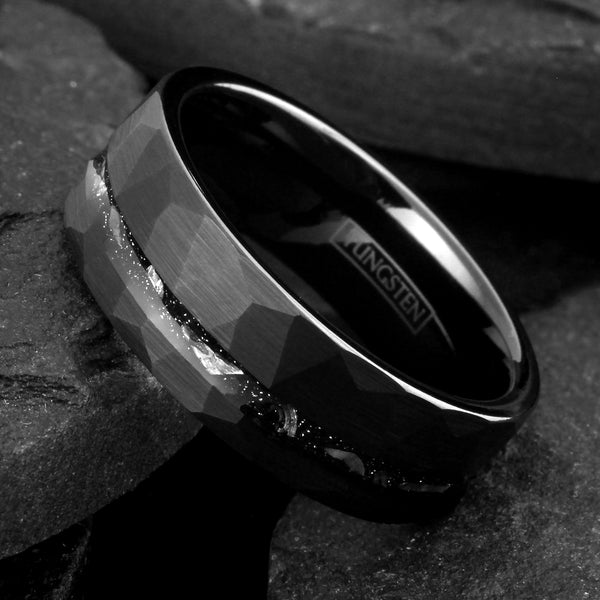 Awesome Multi-Faceted Brushed Finish Black Flat Band Tungsten Ring with Off-Center Asymmetrical Silver/Black Faux Meteorite Inlay.