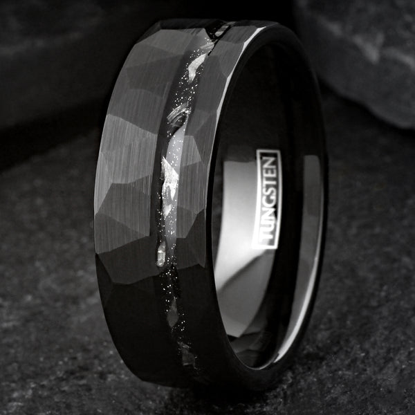 Awesome Multi-Faceted Brushed Finish Black Flat Band Tungsten Ring with Off-Center Asymmetrical Silver/Black Faux Meteorite Inlay.