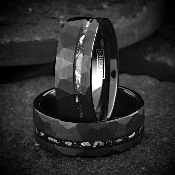 Awesome Multi-Faceted Brushed Finish Black Flat Band Tungsten Ring with Off-Center Asymmetrical Silver/Black Faux Meteorite Inlay.
