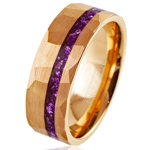 Brilliant Multi-Faceted Brushed Finish Rose Gold Flat Band Tungsten Ring with Off-Center Asymmetrical Crushed Amethyst Inlay.