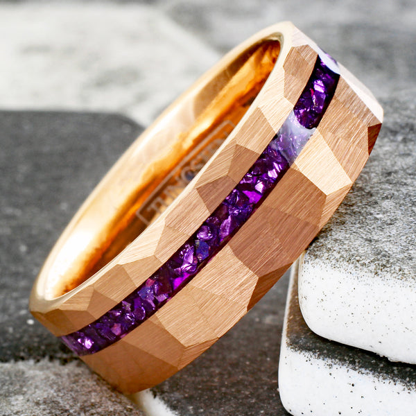 Brilliant Multi-Faceted Brushed Finish Rose Gold Flat Band Tungsten Ring with Off-Center Asymmetrical Crushed Amethyst Inlay.
