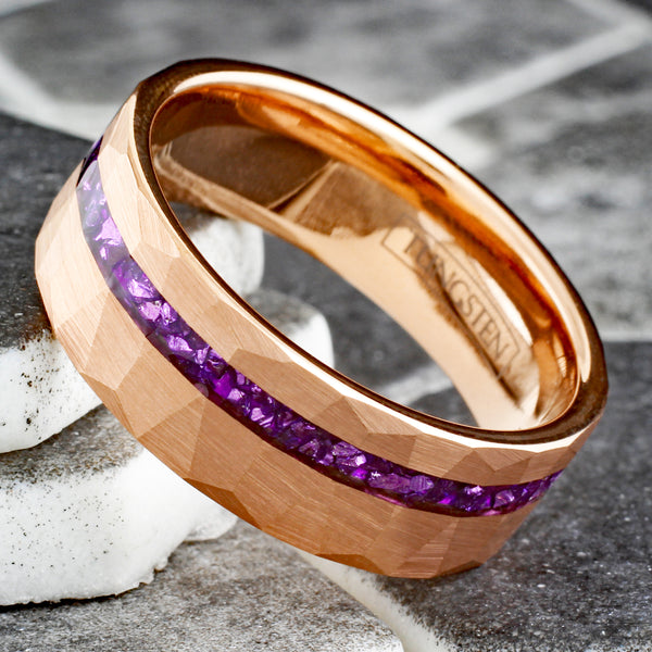Brilliant Multi-Faceted Brushed Finish Rose Gold Flat Band Tungsten Ring with Off-Center Asymmetrical Crushed Amethyst Inlay.