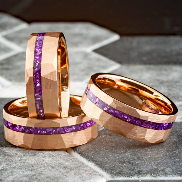 Brilliant Multi-Faceted Brushed Finish Rose Gold Flat Band Tungsten Ring with Off-Center Asymmetrical Crushed Amethyst Inlay.
