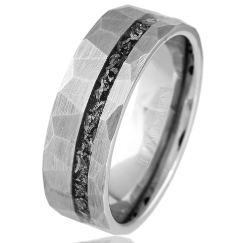 Ultra-Modern Multi-Faceted Brushed Finish Silver Flat Band Tungsten Ring with Off-Center Asymmetrical Black Faux Meteorite Inlay.