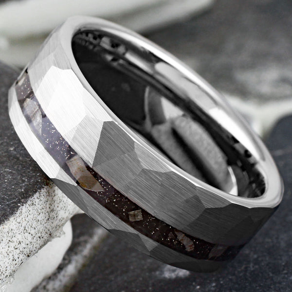 Ultra-Modern Multi-Faceted Brushed Finish Silver Flat Band Tungsten Ring with Off-Center Asymmetrical Black Faux Meteorite Inlay.