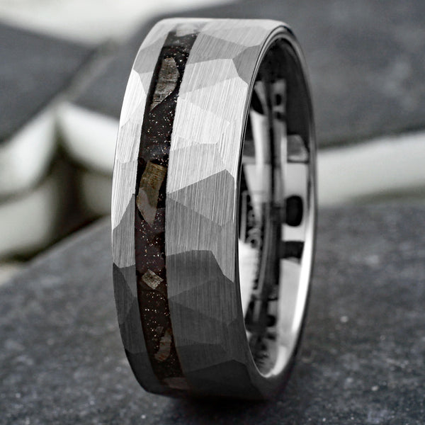 Ultra-Modern Multi-Faceted Brushed Finish Silver Flat Band Tungsten Ring with Off-Center Asymmetrical Black Faux Meteorite Inlay.