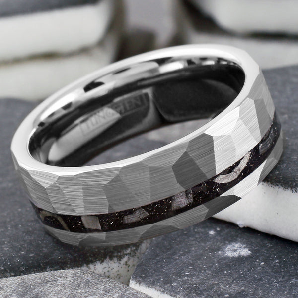 Ultra-Modern Multi-Faceted Brushed Finish Silver Flat Band Tungsten Ring with Off-Center Asymmetrical Black Faux Meteorite Inlay.