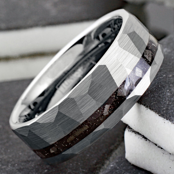 Ultra-Modern Multi-Faceted Brushed Finish Silver Flat Band Tungsten Ring with Off-Center Asymmetrical Black Faux Meteorite Inlay.