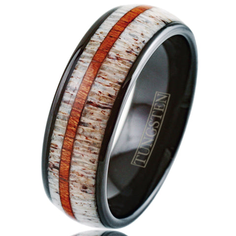 Awesome Polished 8mm Black Tungsten Low Dome Ring with Thin Off-Center Koa Wood Between Beautiful Deer Antler Inlays.