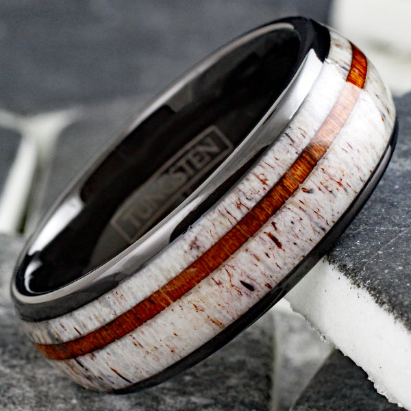 Awesome Polished 8mm Black Tungsten Low Dome Ring with Thin Off-Center Koa Wood Between Beautiful Deer Antler Inlays.