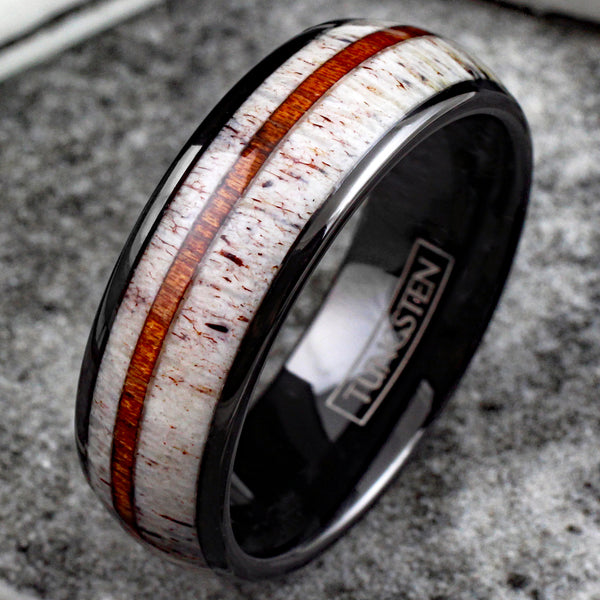 Awesome Polished 8mm Black Tungsten Low Dome Ring with Thin Off-Center Koa Wood Between Beautiful Deer Antler Inlays.