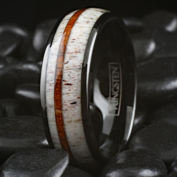 Awesome Polished 8mm Black Tungsten Low Dome Ring with Thin Off-Center Koa Wood Between Beautiful Deer Antler Inlays.