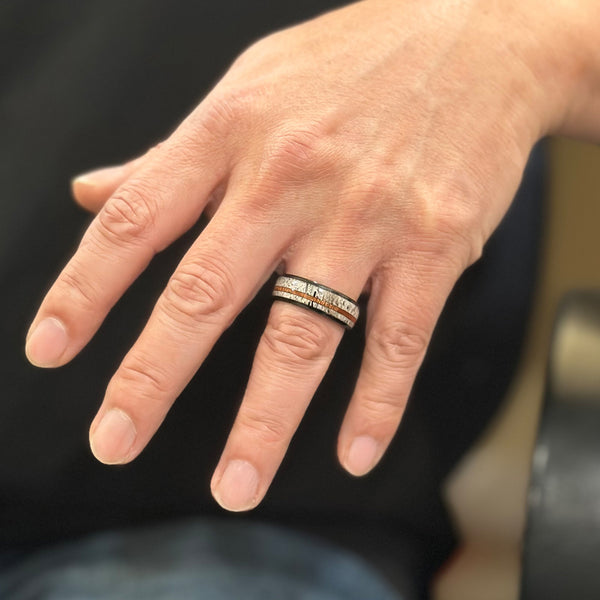 Awesome Polished 8mm Black Tungsten Low Dome Ring with Thin Off-Center Koa Wood Between Beautiful Deer Antler Inlays.