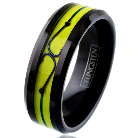 Brilliant Unique Polished Black Flat Band Tungsten Ring with Fishing Line And Hook on Dazzling Yellow Enamel Inlay.