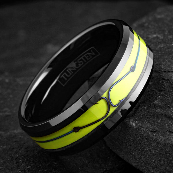 Brilliant Unique Polished Black Flat Band Tungsten Ring with Fishing Line And Hook on Dazzling Yellow Enamel Inlay.