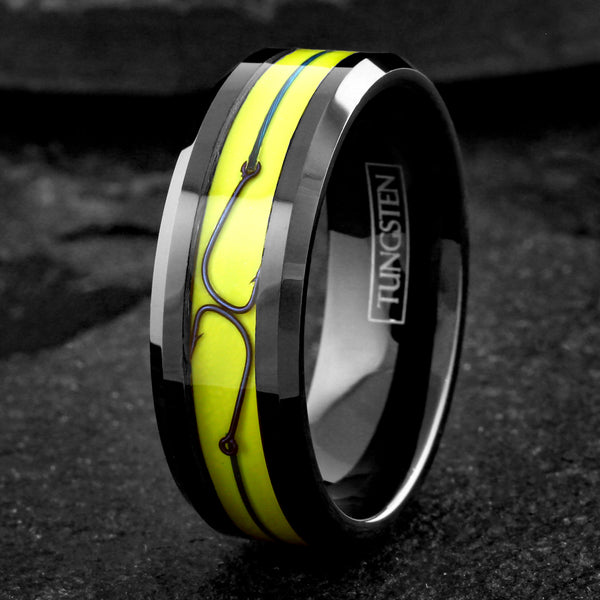 Brilliant Unique Polished Black Flat Band Tungsten Ring with Fishing Line And Hook on Dazzling Yellow Enamel Inlay.