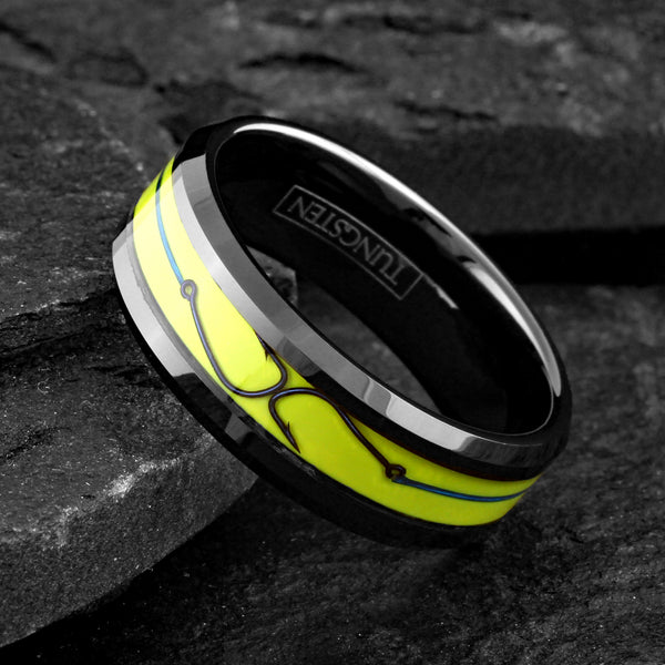 Brilliant Unique Polished Black Flat Band Tungsten Ring with Fishing Line And Hook on Dazzling Yellow Enamel Inlay.