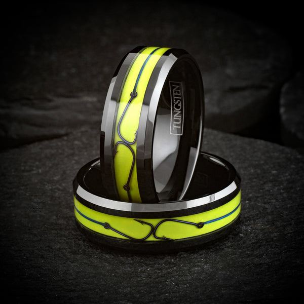 Brilliant Unique Polished Black Flat Band Tungsten Ring with Fishing Line And Hook on Dazzling Yellow Enamel Inlay.