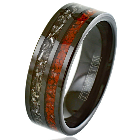 Gorgeous Polished Black Flat Band Tungsten Ring with Crushed Faux Dinosaur Bone and Black Faux Meteorite Inlays.