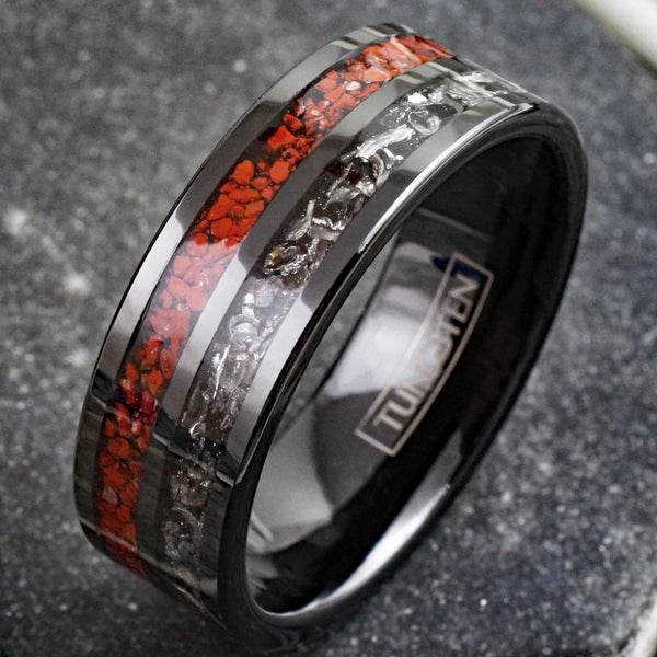 Gorgeous Polished Black Flat Band Tungsten Ring with Crushed Faux Dinosaur Bone and Black Faux Meteorite Inlays.