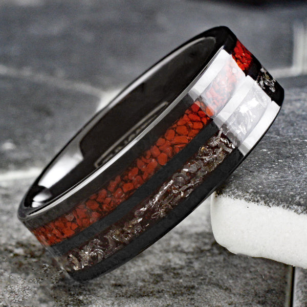 Gorgeous Polished Black Flat Band Tungsten Ring with Crushed Faux Dinosaur Bone and Black Faux Meteorite Inlays.