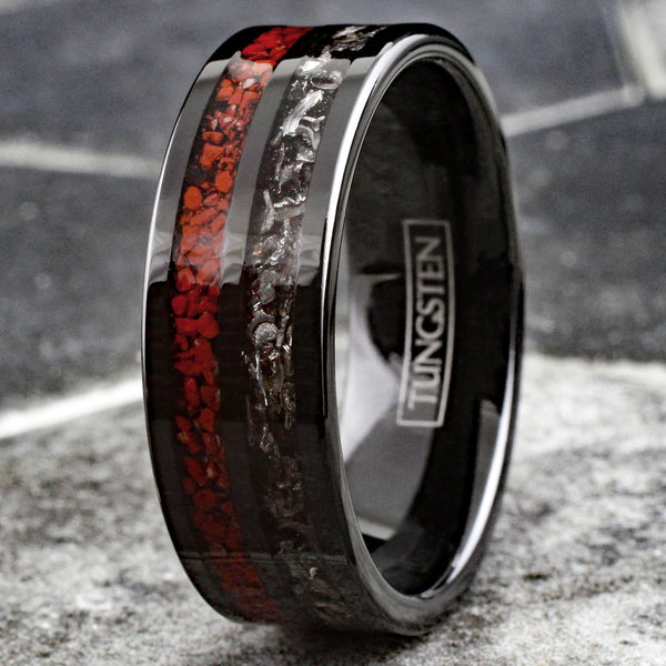 Gorgeous Polished Black Flat Band Tungsten Ring with Crushed Faux Dinosaur Bone and Black Faux Meteorite Inlays.