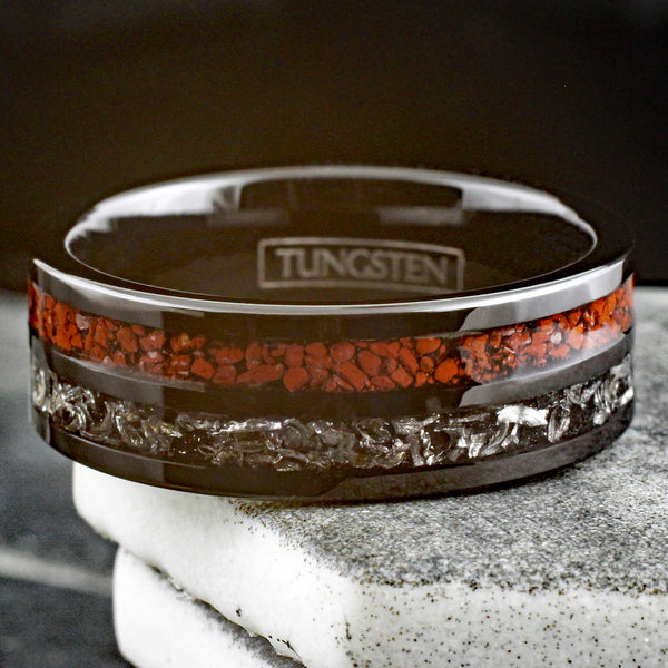 Gorgeous Polished Black Flat Band Tungsten Ring with Crushed Faux Dinosaur Bone and Black Faux Meteorite Inlays.