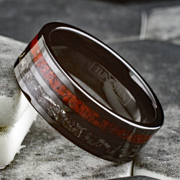 Gorgeous Polished Black Flat Band Tungsten Ring with Crushed Faux Dinosaur Bone and Black Faux Meteorite Inlays.