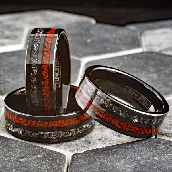 Gorgeous Polished Black Flat Band Tungsten Ring with Crushed Faux Dinosaur Bone and Black Faux Meteorite Inlays.