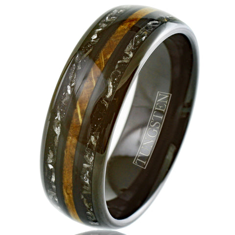 Awesome Polished Black Low Dome Tungsten Ring with Whiskey Barrel Oak Wood Between Black Faux Meteorite Inlays.