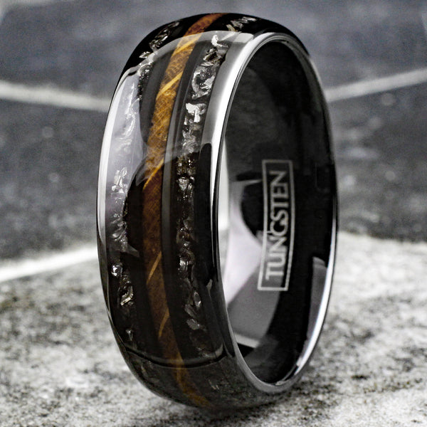 Awesome Polished Black Low Dome Tungsten Ring with Whiskey Barrel Oak Wood Between Black Faux Meteorite Inlays.