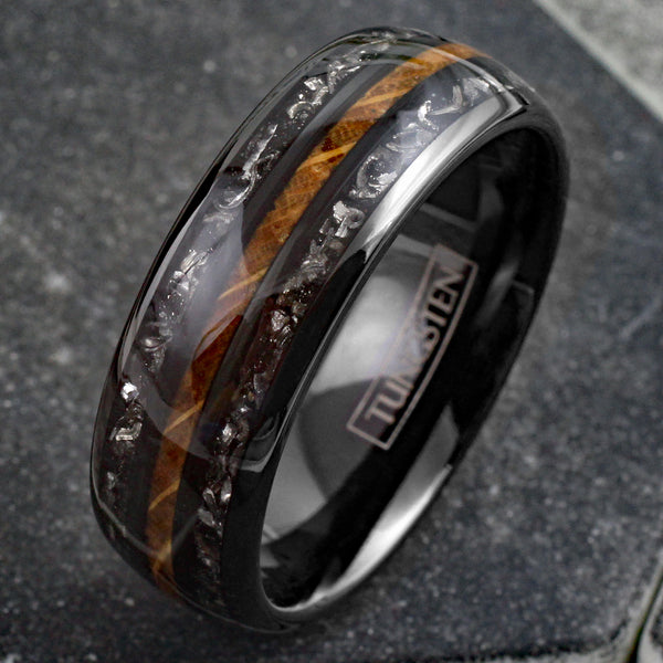 Awesome Polished Black Low Dome Tungsten Ring with Whiskey Barrel Oak Wood Between Black Faux Meteorite Inlays.
