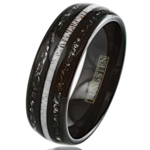 Cool Polished Black Low Dome Tungsten Ring with White Speckled Deer Antler Between Black Faux Meteorite Inlays.