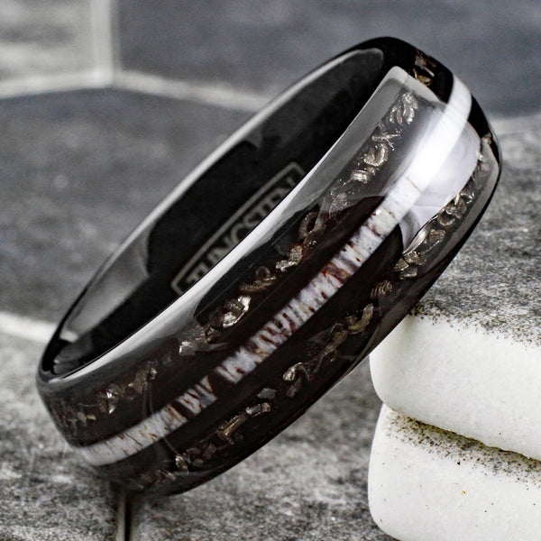 Cool Polished Black Low Dome Tungsten Ring with White Speckled Deer Antler Between Black Faux Meteorite Inlays.