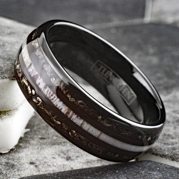 Cool Polished Black Low Dome Tungsten Ring with White Speckled Deer Antler Between Black Faux Meteorite Inlays.