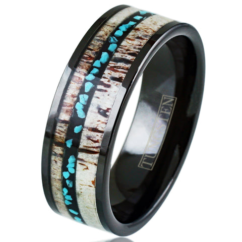 Classic Polished 8mm Black Tungsten Flat Band Ring with Thin Off-Center Crushed Turquoise Between Beautiful Deer Antler Inlays.